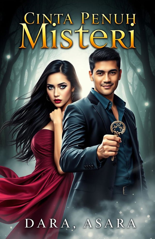 A captivating book cover for the story 'Cinta Penuh Misteri', featuring the characters Adara and Asatra