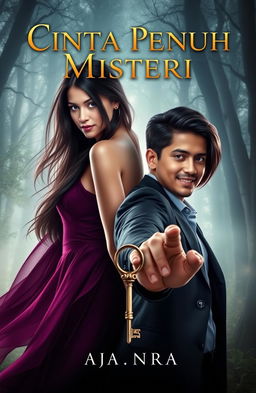 A captivating book cover for the story 'Cinta Penuh Misteri', featuring the characters Adara and Asatra