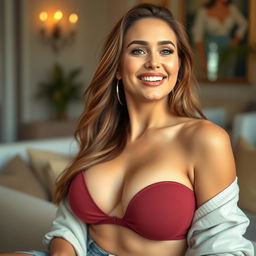 A beautiful woman with large breasts, relaxed and exuding confidence while playfully teasing