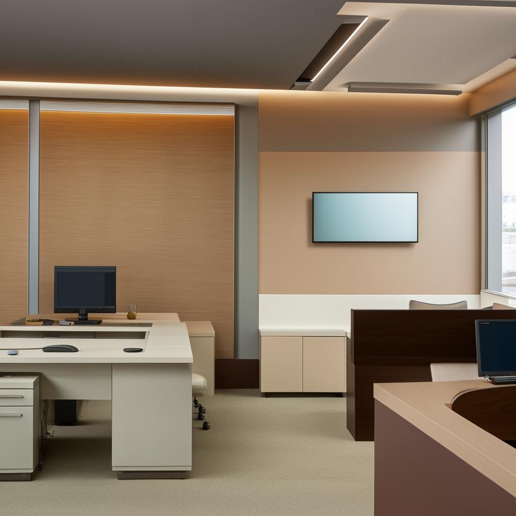 An interior of a chief engineer's office with modern furniture in shades of beige, grey, and brown. Feature a wall with a mounted LCD screen opposite to the desk.