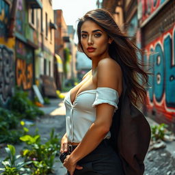 A seductive beauty standing confidently in a vibrant urban slum, adorned in stylish yet practical clothing that contrasts with the gritty surroundings