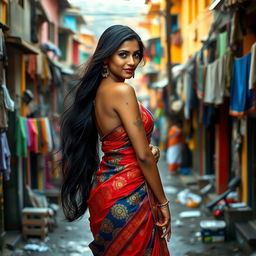A seductive Indian beauty with long flowing black hair, wearing a stunning and colorful traditional saree, gracefully poses amidst the vibrant yet humble backdrop of a bustling slum