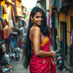 A seductive Indian beauty with long flowing black hair, wearing a stunning and colorful traditional saree, gracefully poses amidst the vibrant yet humble backdrop of a bustling slum