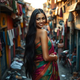 A seductive Indian beauty with long flowing black hair, wearing a stunning and colorful traditional saree, gracefully poses amidst the vibrant yet humble backdrop of a bustling slum