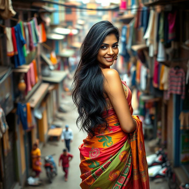 A seductive Indian beauty with long flowing black hair, wearing a stunning and colorful traditional saree, gracefully poses amidst the vibrant yet humble backdrop of a bustling slum