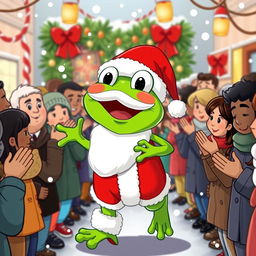 A whimsical scene featuring the character Pepe the Frog dressed as Santa Claus, joyfully walking through a festive crowd