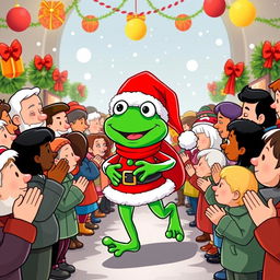 A whimsical scene featuring the character Pepe the Frog dressed as Santa Claus, joyfully walking through a festive crowd