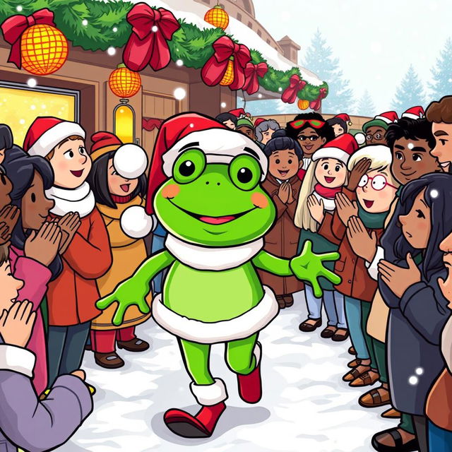 A whimsical scene featuring the character Pepe the Frog dressed as Santa Claus, joyfully walking through a festive crowd