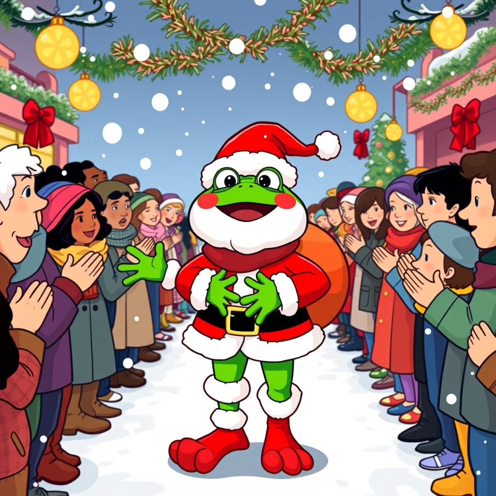 A whimsical scene featuring the character Pepe the Frog dressed as Santa Claus, joyfully walking through a festive crowd