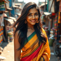A mesmerizing Indian woman with long, flowing black hair, clad in a traditional colorful saree that beautifully contrasts her radiant skin tone