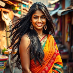 A mesmerizing Indian woman with long, flowing black hair, clad in a traditional colorful saree that beautifully contrasts her radiant skin tone