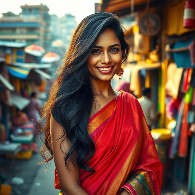 A mesmerizing Indian woman with long, flowing black hair, clad in a traditional colorful saree that beautifully contrasts her radiant skin tone