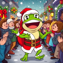 A cartoonish illustration of Pepe the Frog dressed as Santa Claus, joyfully walking through a festive crowd