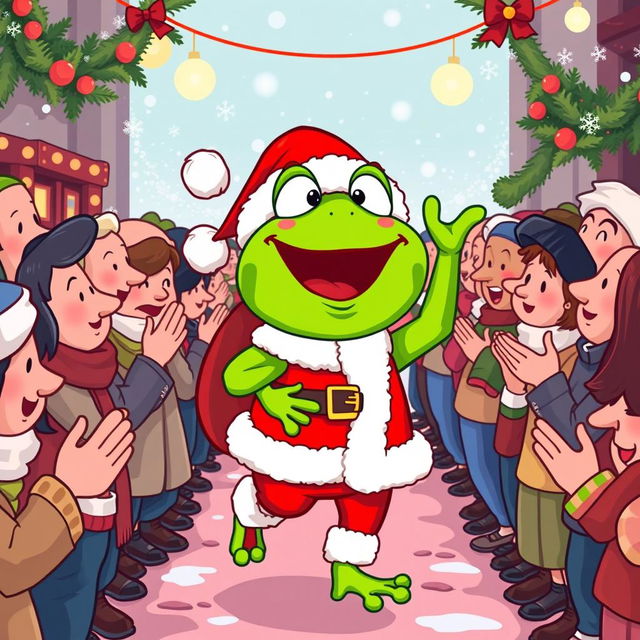 A cartoonish illustration of Pepe the Frog dressed as Santa Claus, joyfully walking through a festive crowd