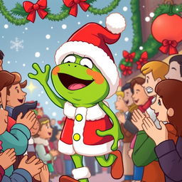 A cartoonish illustration of Pepe the Frog dressed as Santa Claus, joyfully walking through a festive crowd