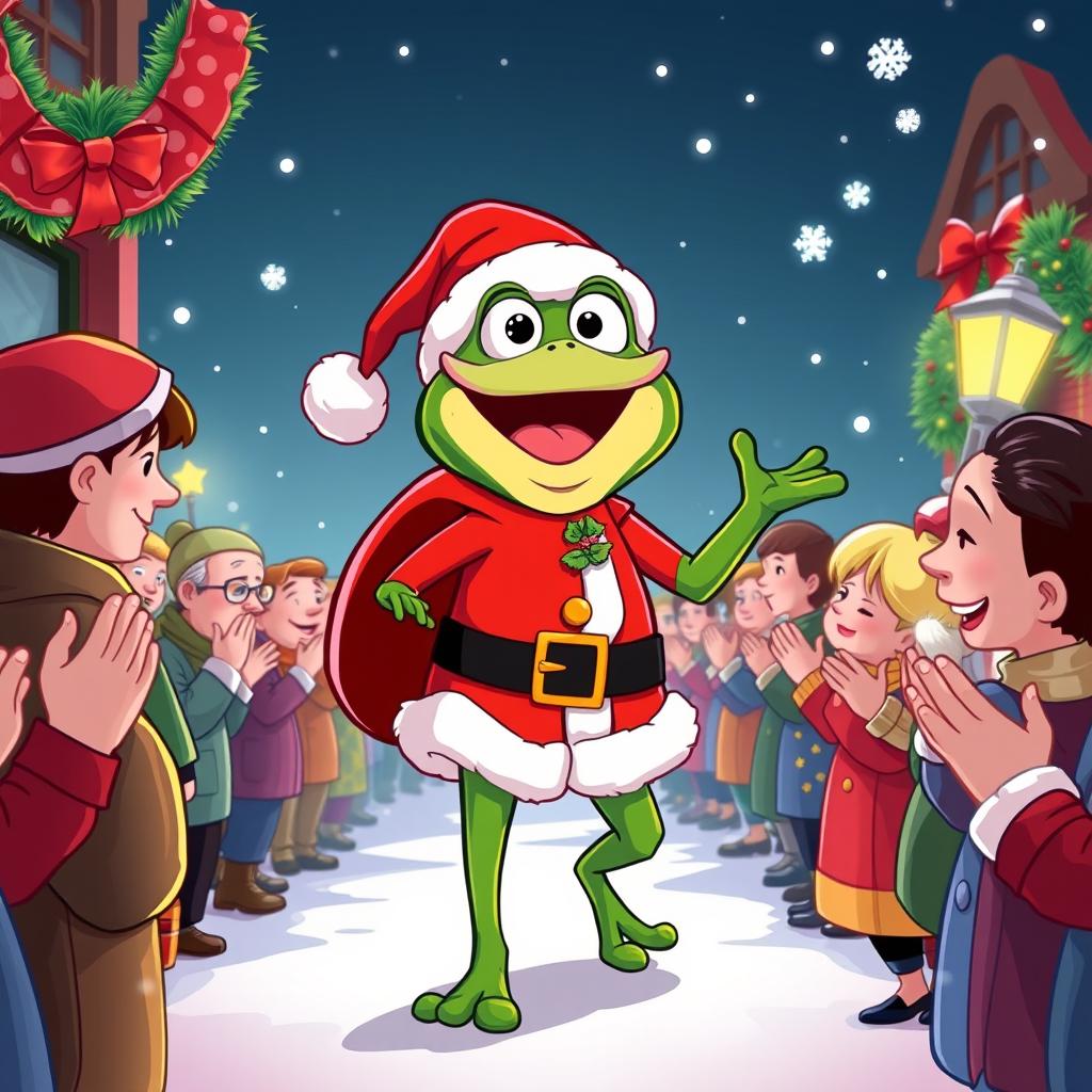 A cartoonish illustration of Pepe the Frog dressed as Santa Claus, joyfully walking through a festive crowd