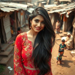 A mesmerizing Pakistani beauty with long flowing black hair and captivating features, dressed in a vibrant traditional outfit adorned with intricate embroidery