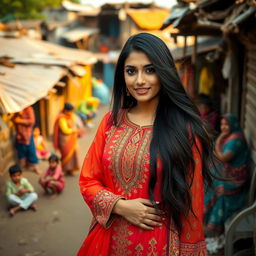 A mesmerizing Pakistani beauty with long flowing black hair and captivating features, dressed in a vibrant traditional outfit adorned with intricate embroidery