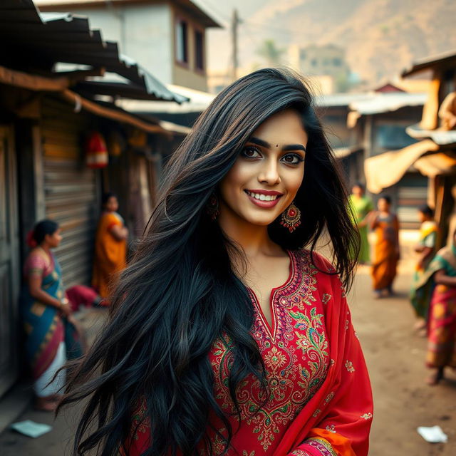A mesmerizing Pakistani beauty with long flowing black hair and captivating features, dressed in a vibrant traditional outfit adorned with intricate embroidery