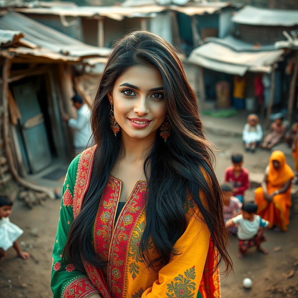 A mesmerizing Pakistani beauty with long flowing black hair and captivating features, dressed in a vibrant traditional outfit adorned with intricate embroidery