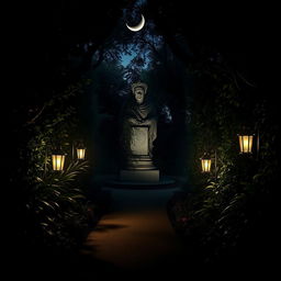 An intriguing scene that embodies mystery and a plot twist, set in an enchanting, overgrown garden at dusk
