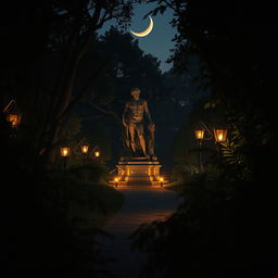 An intriguing scene that embodies mystery and a plot twist, set in an enchanting, overgrown garden at dusk