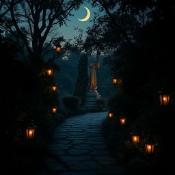 An intriguing scene that embodies mystery and a plot twist, set in an enchanting, overgrown garden at dusk