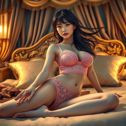 A beautiful Japanese girl in a seductive pose, wearing a pink bra and panties made of lace, which are see-through, adding an alluring touch to her outfit