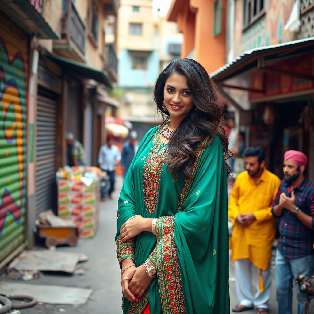 A stunning Pakistani beauty exuding confidence and allure, dressed in vibrant, traditional attire that showcases her culture