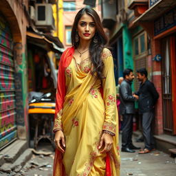 A stunning Pakistani beauty exuding confidence and allure, dressed in vibrant, traditional attire that showcases her culture