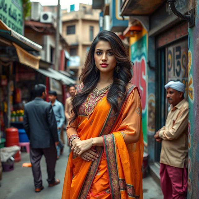 A stunning Pakistani beauty exuding confidence and allure, dressed in vibrant, traditional attire that showcases her culture