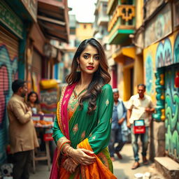 A stunning Pakistani beauty exuding confidence and allure, dressed in vibrant, traditional attire that showcases her culture