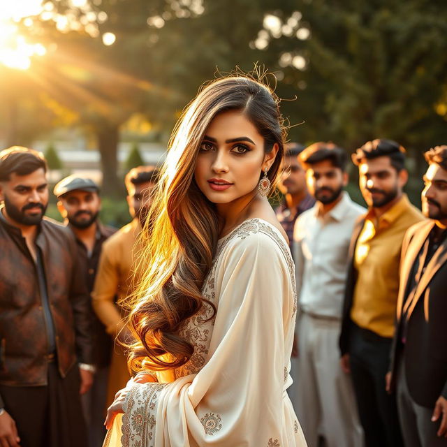 A stunning Pakistani woman with captivating features, dressed in elegant traditional attire, exuding confidence and allure