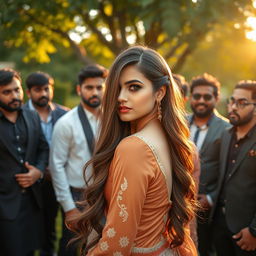 A stunning Pakistani woman with captivating features, dressed in elegant traditional attire, exuding confidence and allure