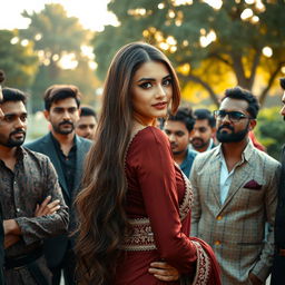 A stunning Pakistani woman with captivating features, dressed in elegant traditional attire, exuding confidence and allure