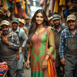 A seductive Pakistani beauty, showcasing traditional attire that accentuates her features, such as a vibrant and intricately designed shalwar kameez, standing confidently among a group of hardworking men wearing casual labor attire
