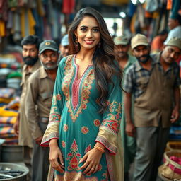 A seductive Pakistani beauty, showcasing traditional attire that accentuates her features, such as a vibrant and intricately designed shalwar kameez, standing confidently among a group of hardworking men wearing casual labor attire