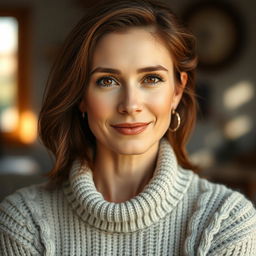 A woman aged between 30 and 45, featuring gorgeous chestnut brown hair and sophisticated European features