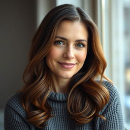 A woman aged between 30 and 45, featuring gorgeous chestnut brown hair and sophisticated European features