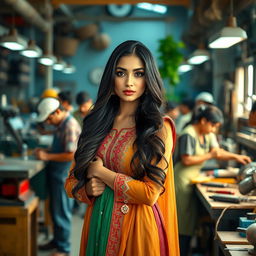 A captivating and sensual Pakistani woman with traditional attire, elegantly posing in a vibrant workspace among skilled workers