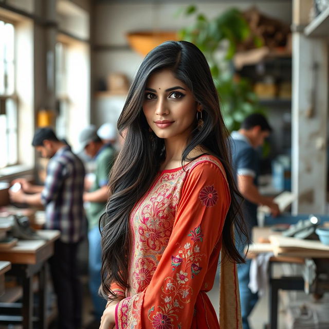 A captivating and sensual Pakistani woman with traditional attire, elegantly posing in a vibrant workspace among skilled workers
