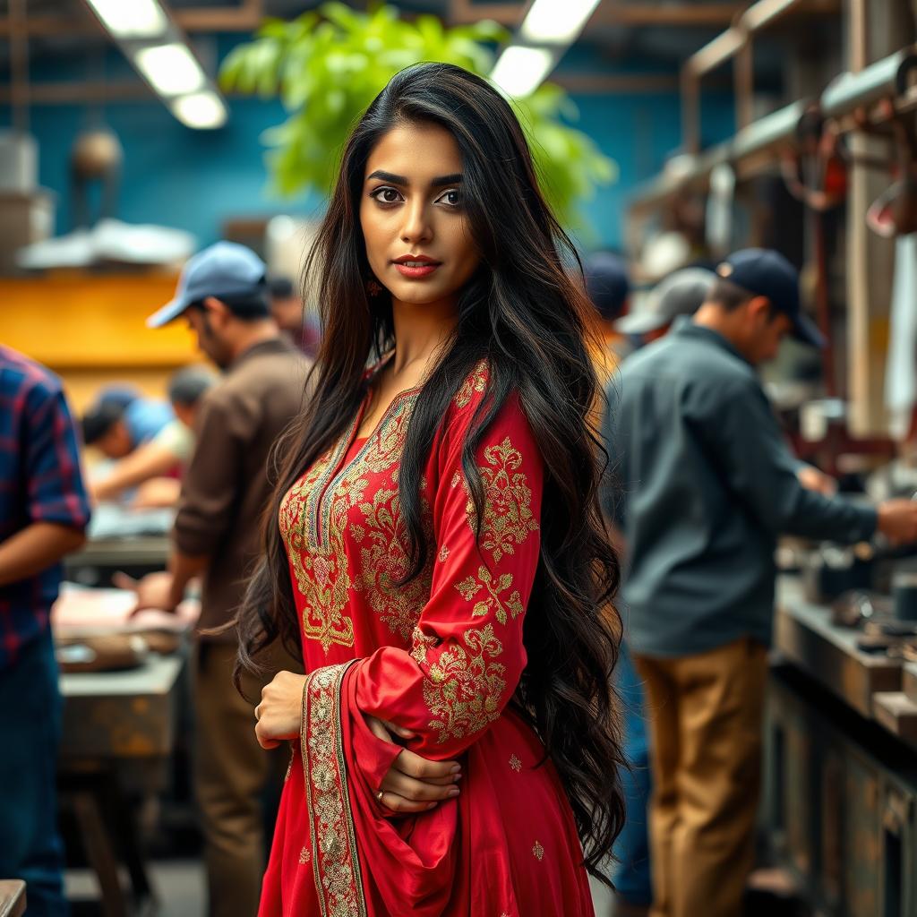 A captivating and sensual Pakistani woman with traditional attire, elegantly posing in a vibrant workspace among skilled workers