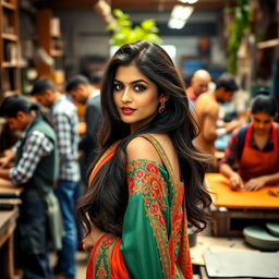 A captivating and sensual Pakistani woman with traditional attire, elegantly posing in a vibrant workspace among skilled workers