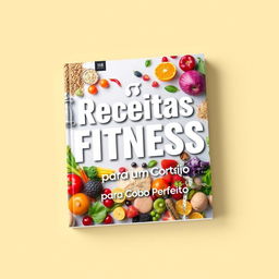 A vibrant and inspiring book cover for a fitness recipe book titled 'Receitas Fitness para um Corpo Perfeito'