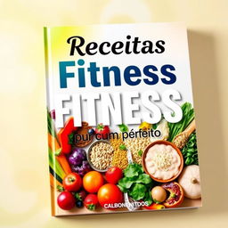 A vibrant and inspiring book cover for a fitness recipe book titled 'Receitas Fitness para um Corpo Perfeito'