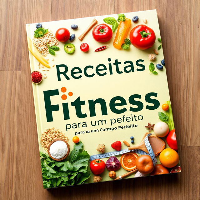 A vibrant and inspiring book cover for a fitness recipe book titled 'Receitas Fitness para um Corpo Perfeito'