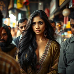 A sensual Pakistani beauty, featuring a mesmerizing woman with long, flowing black hair and delicate facial features, dressed in a traditional yet stylish outfit that highlights her elegance