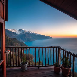 A stunning view from the balcony of a cozy wooden house overlooking an expansive landscape of majestic mountains meeting the sea