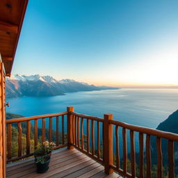 A stunning view from the balcony of a cozy wooden house overlooking an expansive landscape of majestic mountains meeting the sea