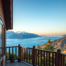 A stunning view from the balcony of a cozy wooden house overlooking an expansive landscape of majestic mountains meeting the sea